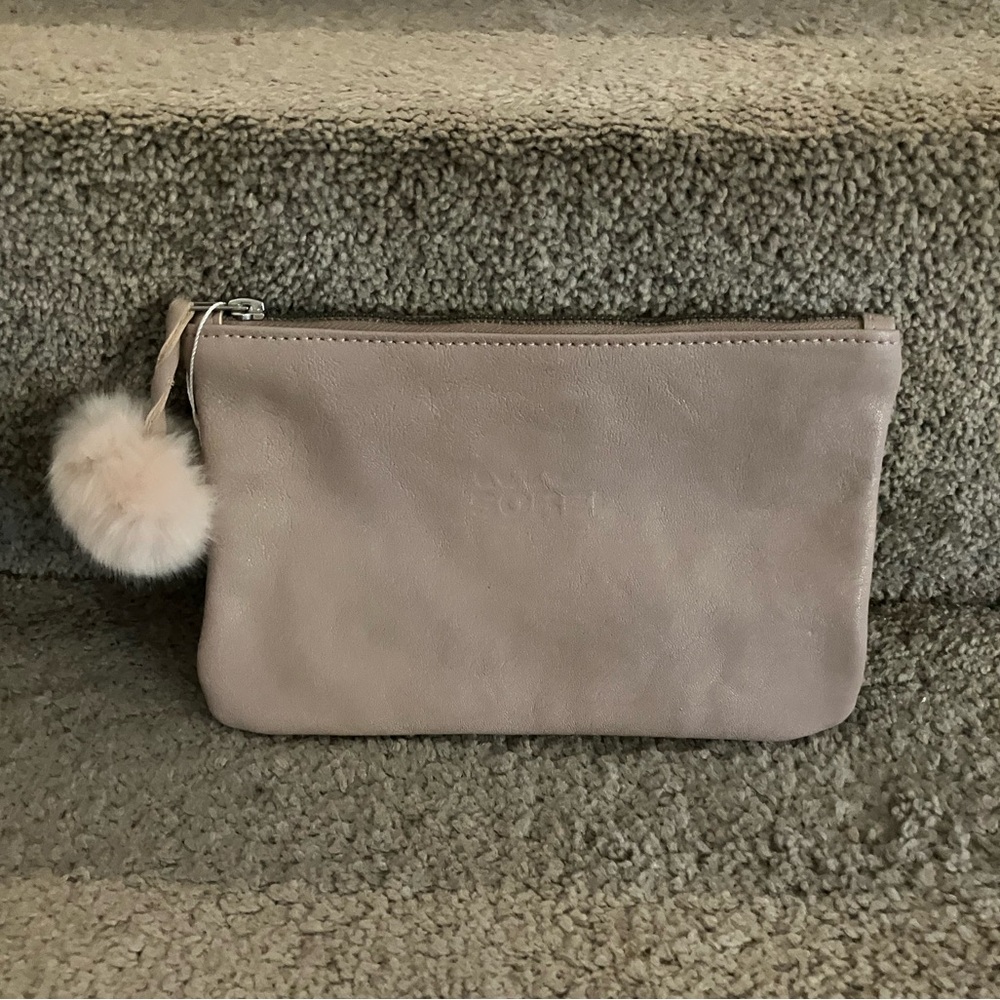 NWOT SOREL Beige Leather Clutch with Faux Fur Pom Pom